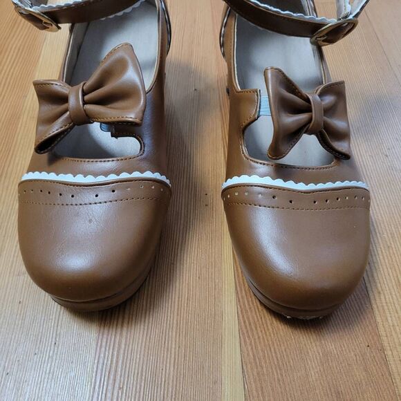 Gingerbread brown mary janes block heel bow detail white scalloped accent lolita - Picture 4 of 8